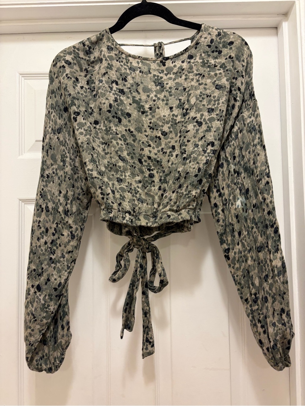 Women's Long-Sleeve Tie-Front Blouse in Olive Floral Print